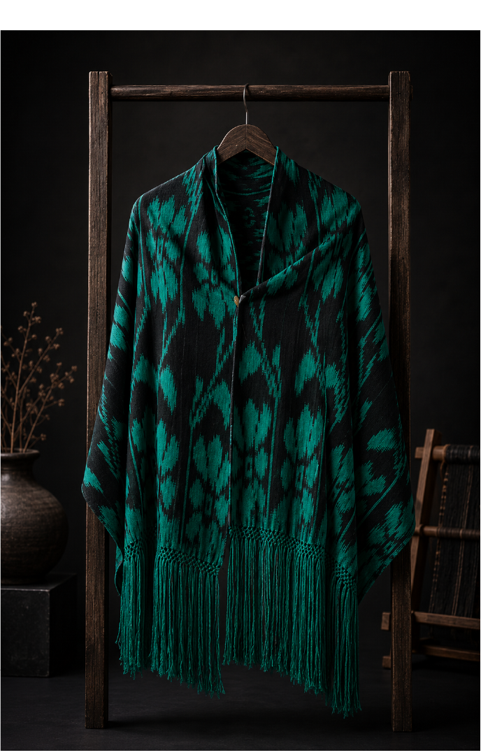 Chal Ikat de seda — pieza única elaborada en telar de cintura en Gualaceo